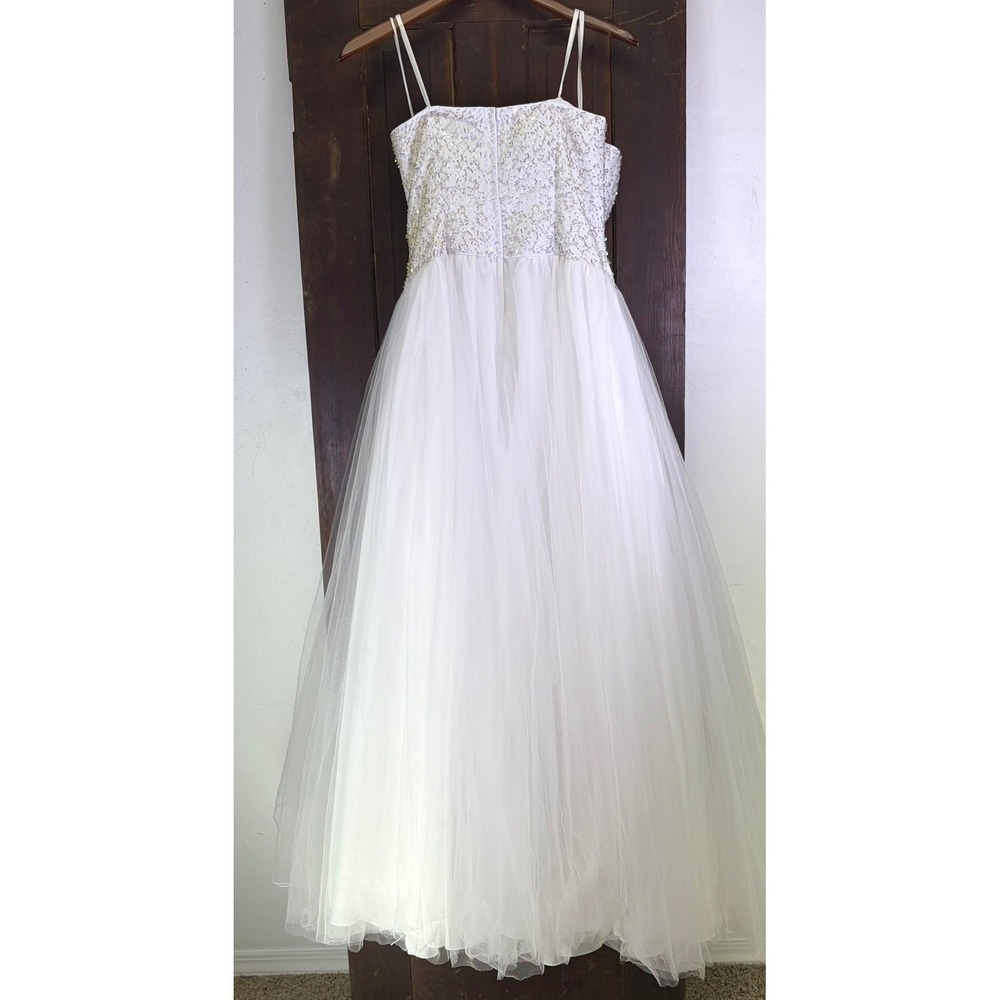 White Beaded Tulle Ball Gown Wedding Dress Basque Waist Strapless Size 12 Flaws - Picture 2 of 16